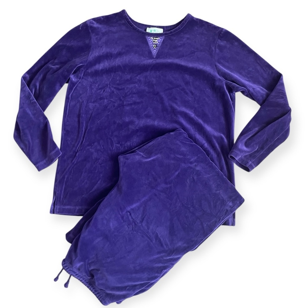 Quacker Factory Velour Lounge Set Large Purple Embellished Top Pant Casual comfy